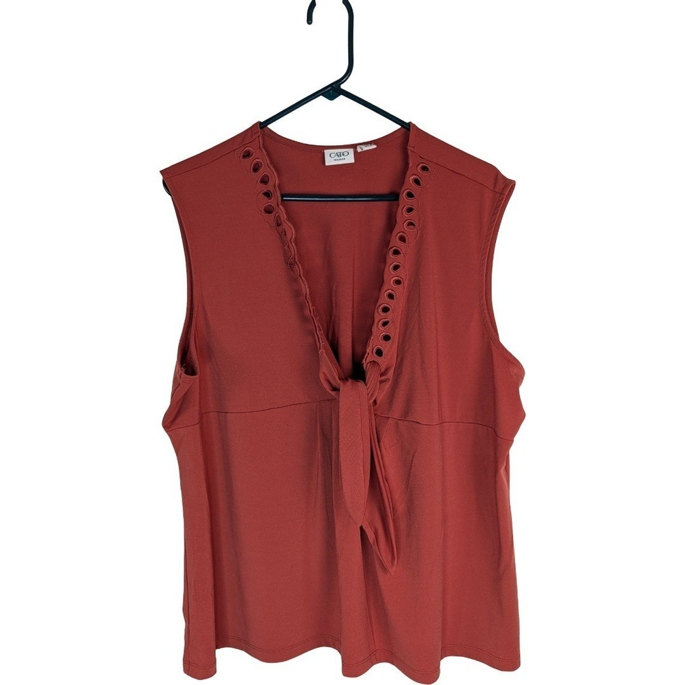 Cato Woman Sleeveless Top 22/24W Rust Orange Eyelet V-Neck Tie Front Plus Size